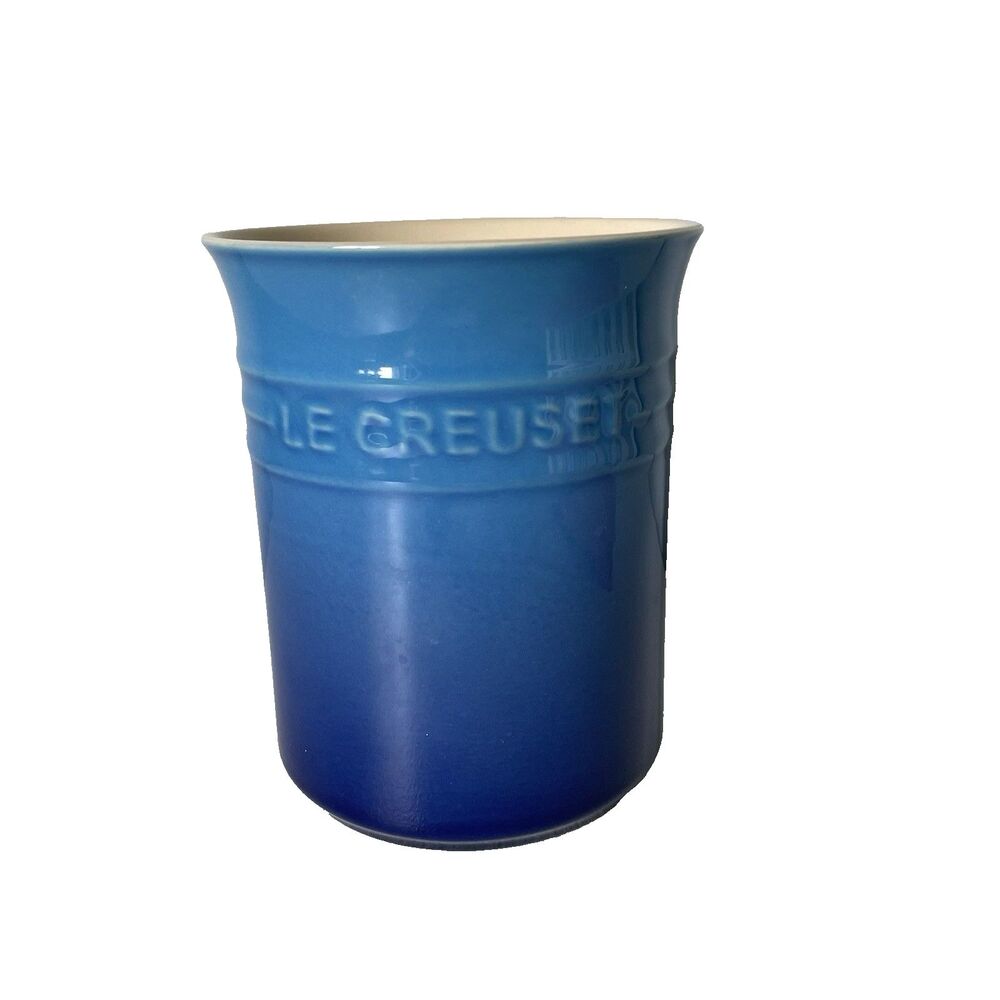 Le Creuset Stoneware Azure Blue Kitchen Utensil Jar Crock Storage Cannister 6.5"